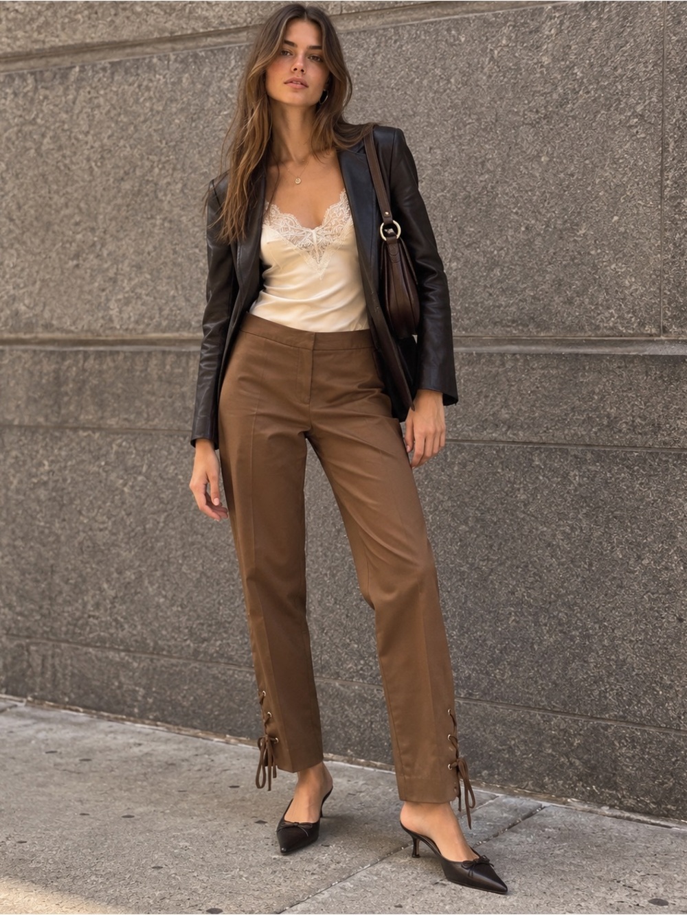MaxMara Y2K Chocolate Brown Mid Rise Lace Up Hem Dress Pants 10